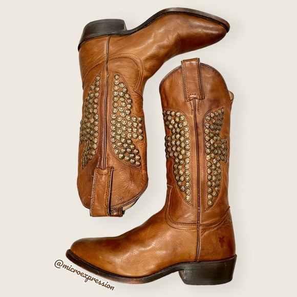 Frye Shoes - $499 Frye Billy Hammered Stud Cognac Leather Western/Southern Cowboy Riding Boot